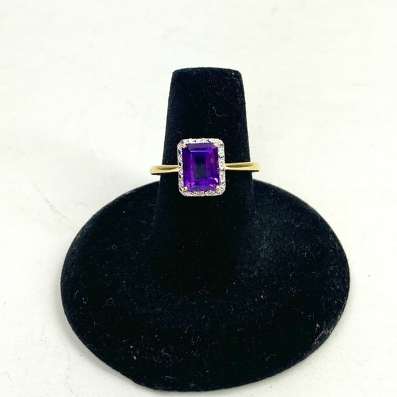 18K Solid Yellow Gold Amethyst with Diamond Halo Ring Size 6.75